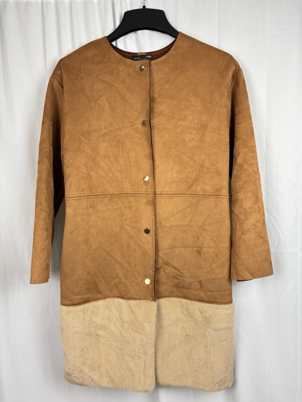 Zara Brown Suede Fur Trim Trench Coat Size Small